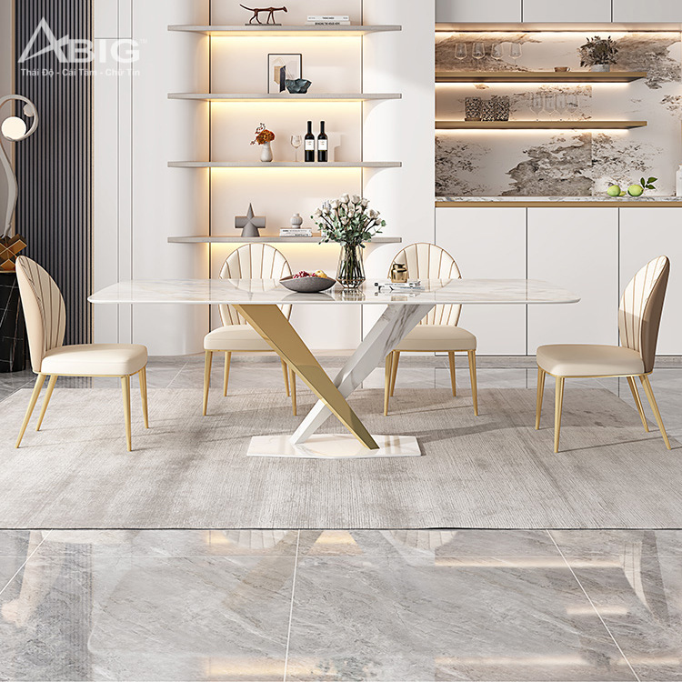 Bàn ăn Ceramic chân thép Carbon AB026 trong không gian hiện đại