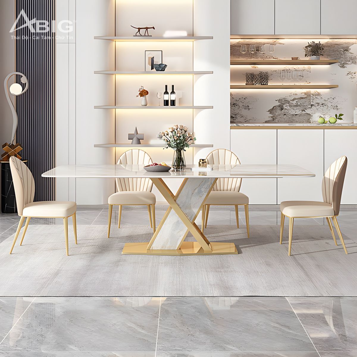 Bàn ăn mặt đá Ceramic chân chữ X AB029 Bàn ăn mặt đá Ceramic chân chữ X AB029