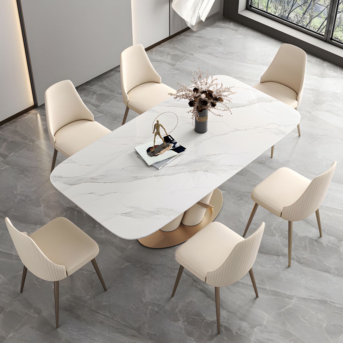 Mặt đá Ceramic vân sáng bo góc của bàn ăn AB044 nhìn từ trên