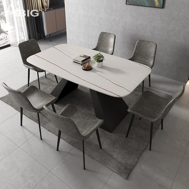 Bàn ăn AB006 mặt Ceramic vân sáng phối ghế ăn hiện đại