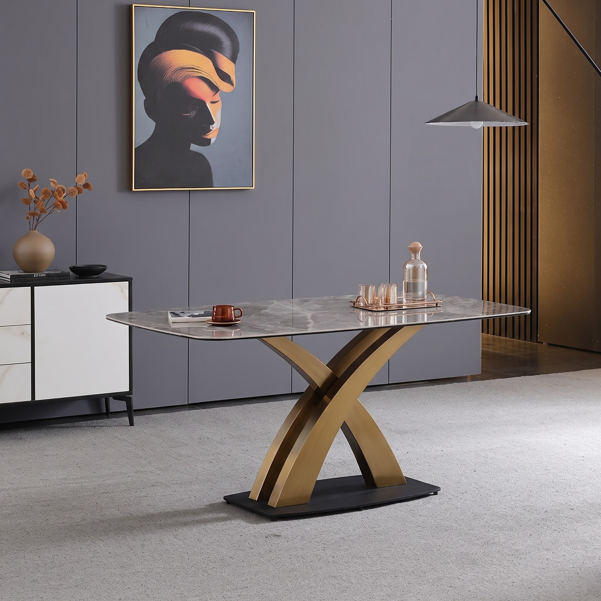 Bàn ăn Ceramic chân cầu vồng nhũ vàng AB011 trong không gian phòng ăn