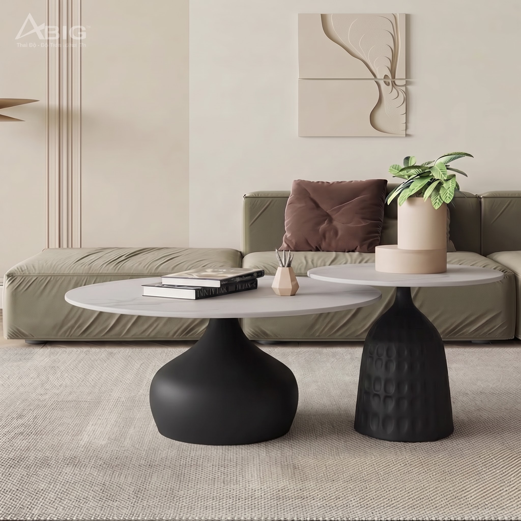 Bàn trà bình hoa đôi mặt đá BT046B