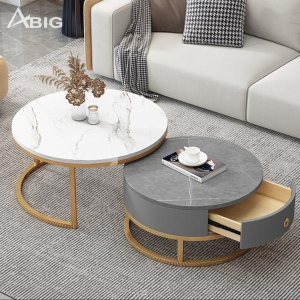 Bàn trà sofa đôi tròn mặt đá khung chân vàng BT002 Bàn trà sofa đôi tròn mặt đá khung chân vàng BT002