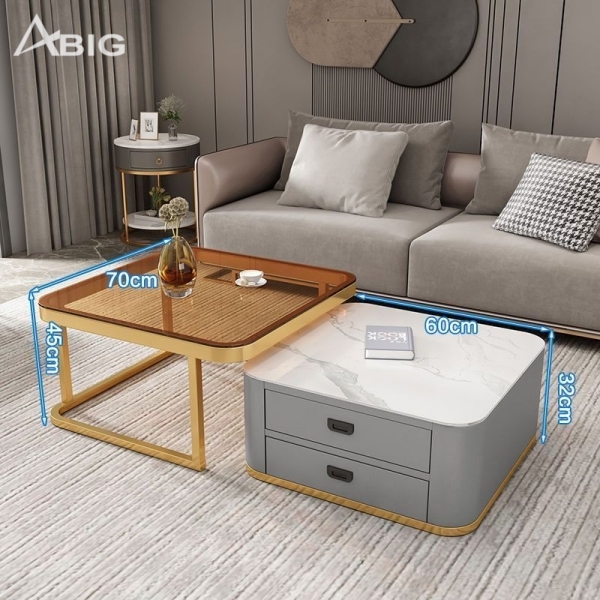 Bàn trà sofa vuông đôi mặt đá và mặt kính BT001 Bàn trà sofa vuông đôi mặt đá và mặt kính BT001
