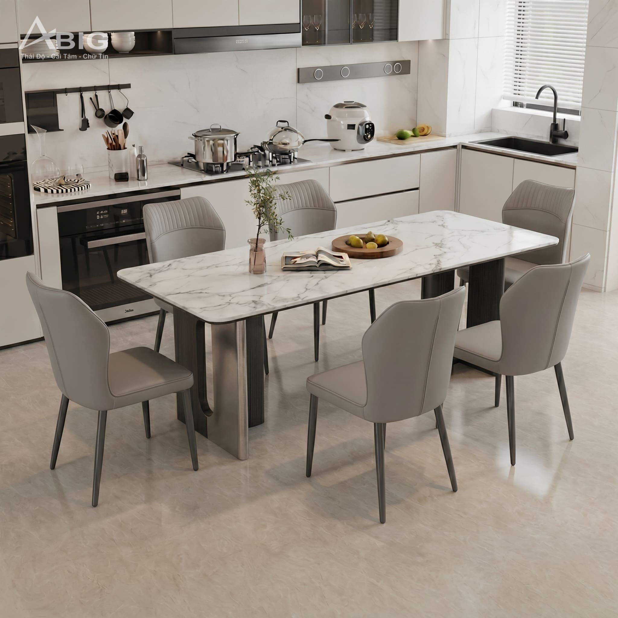 Bộ bàn 6 ghế ăn hiện đại mặt đá Ceramic HAC-072