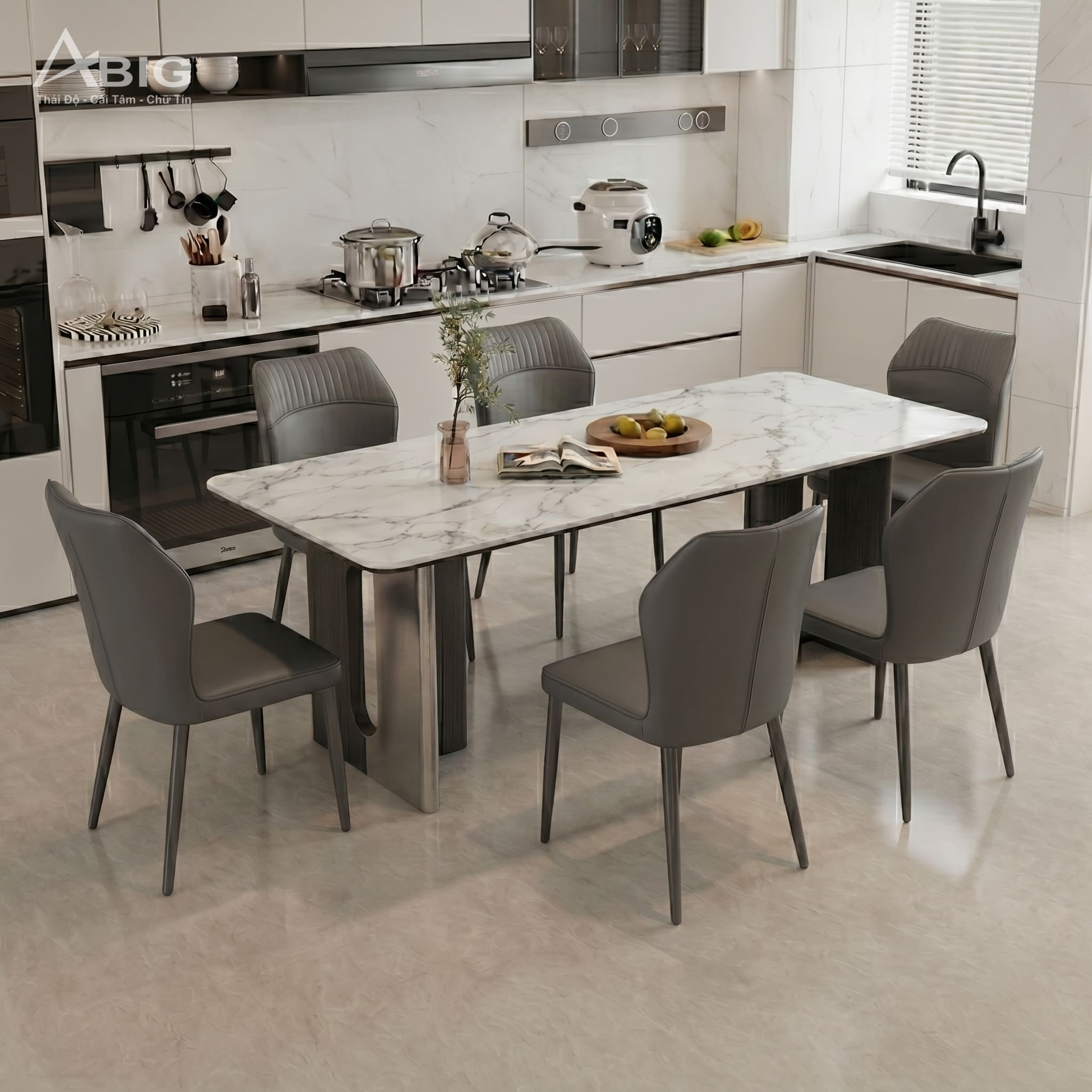 Chi tiết chất liệu Bộ bàn 6 ghế ăn hiện đại mặt đá Ceramic HAC-072