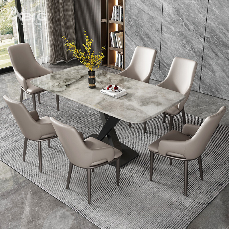 Bộ bàn ăn mặt đá 6 ghế cao cấp chân chữ X BL005