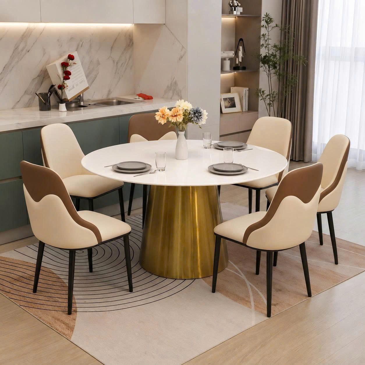 Bộ bàn ăn tròn cao cấp mặt đá 4 ghế Luxury BL038 Tổng thể Bộ bàn ăn tròn cao cấp mặt đá 4 ghế Luxury BL038