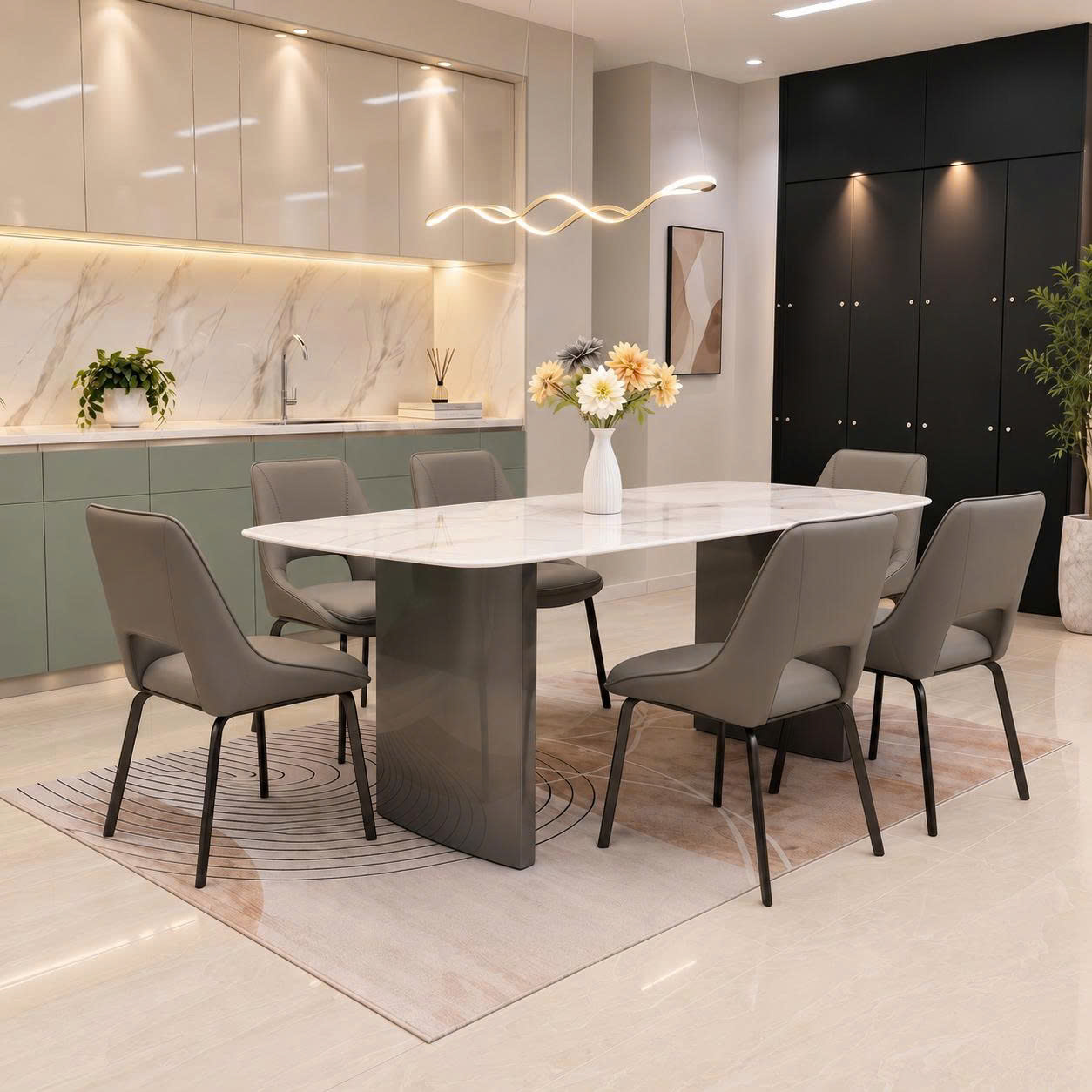 Tổng thể Bộ bàn ghế ăn mặt đá cao cấp 6 ghế Luxury BL035